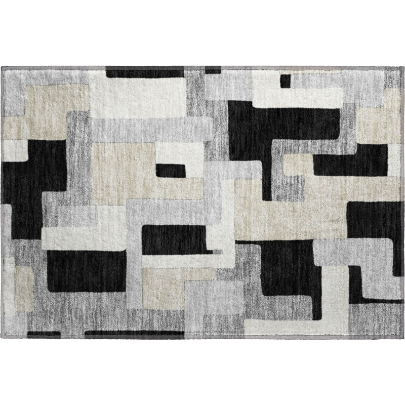 Premium Machine Washable Prisco Black Rug, Rectangle 1'8" x 2'6"