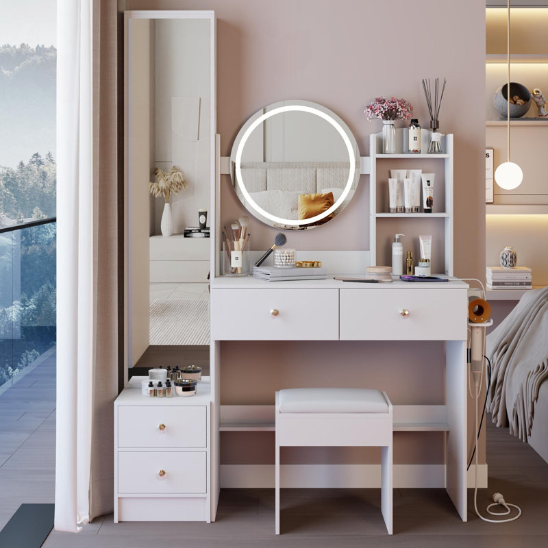 Full Body Mirror Cabinet With LED Vanity Table And Cushioned Stool, Touch Control 3-Color Adjustable Brightness, 2 AC + 2 USB Power Station