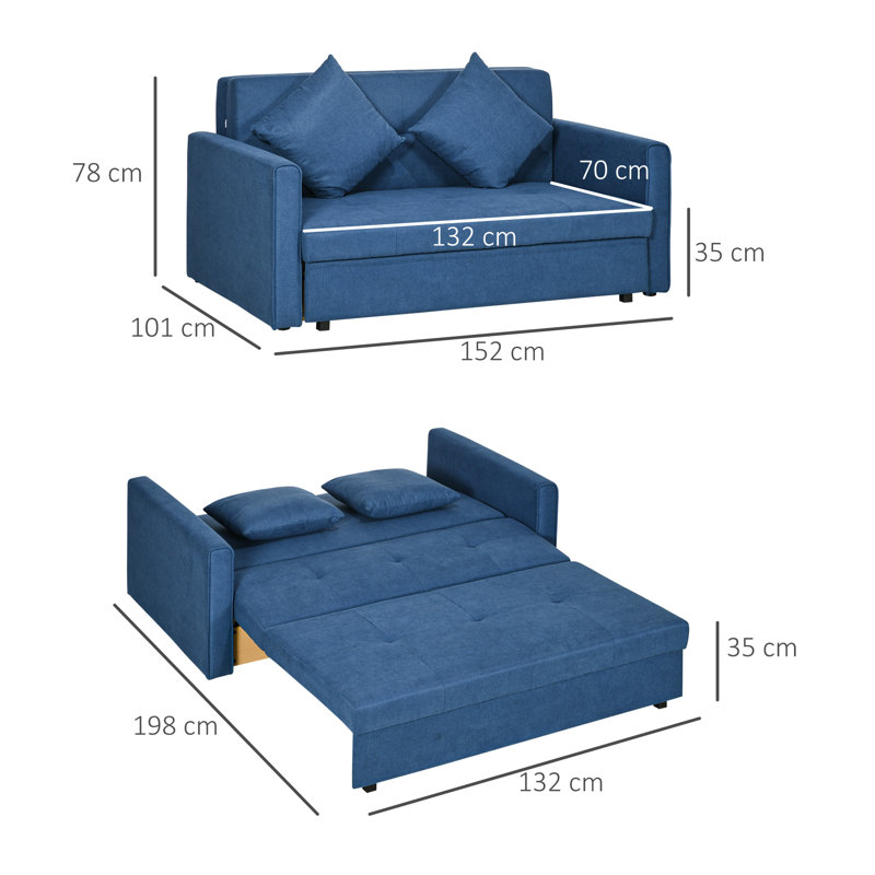 Mikiyas 2 Seater Polyester Sofa Bed, Blue Cotton Blend