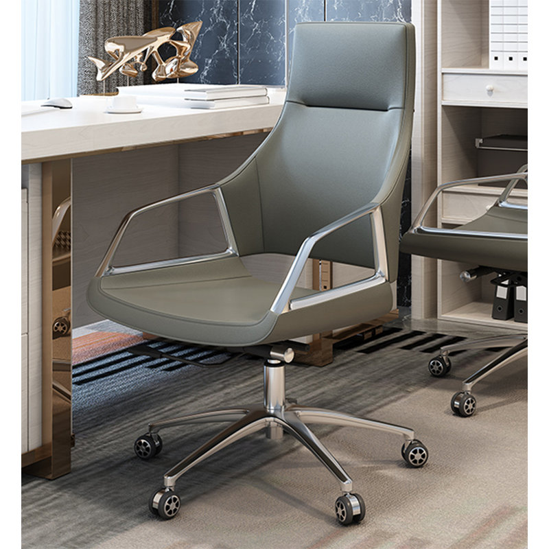 Chaise de bureau moderne en cuir à hauteur réglable avec base en alliage d'aluminium et roulettes