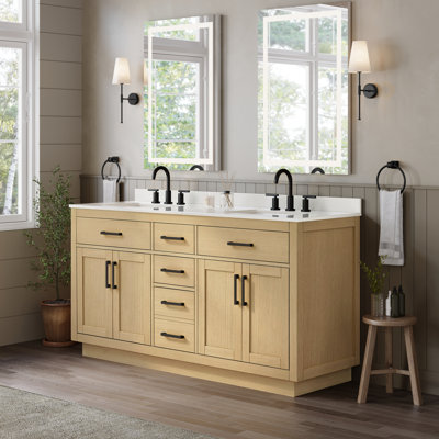 Beckett 66 Inch Double Bathroom Vanity with Toe Kick in Rift Oak, White Quartz Countertop, Undermount Square Sinks (3-Hole), Matte Black Trim