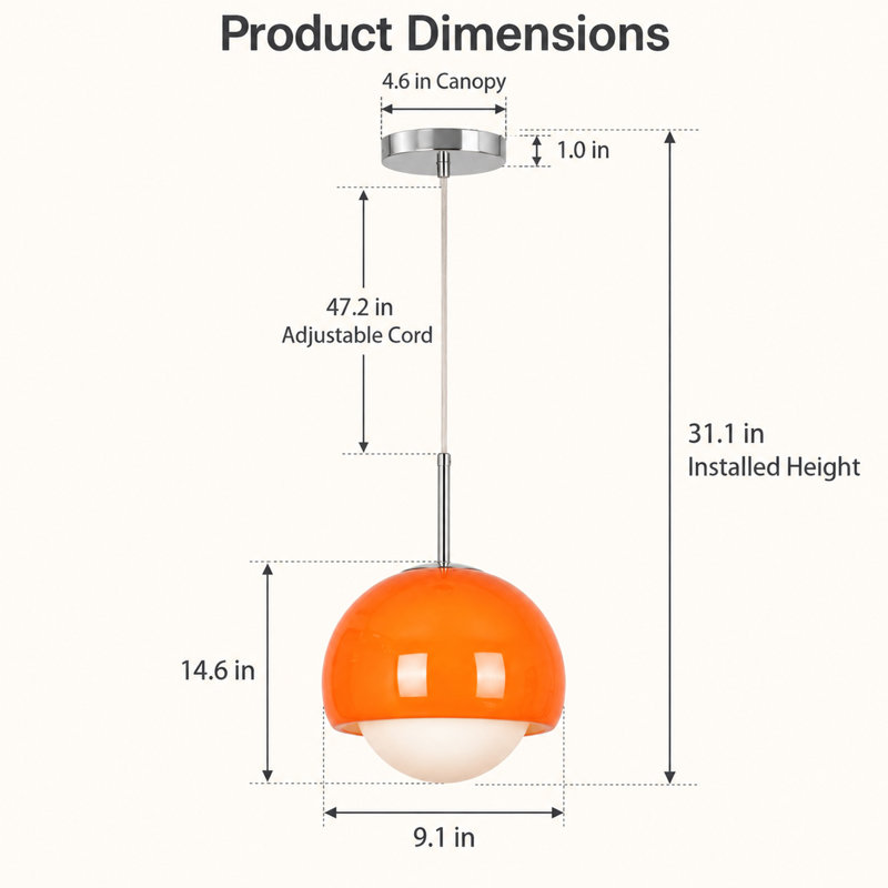 Suspension en verre orange de style milieu du siècle, lampe à une lumière avec globe, rosace argentée polie, cordon ajustable et ampoule E26 à trois couleurs incluse