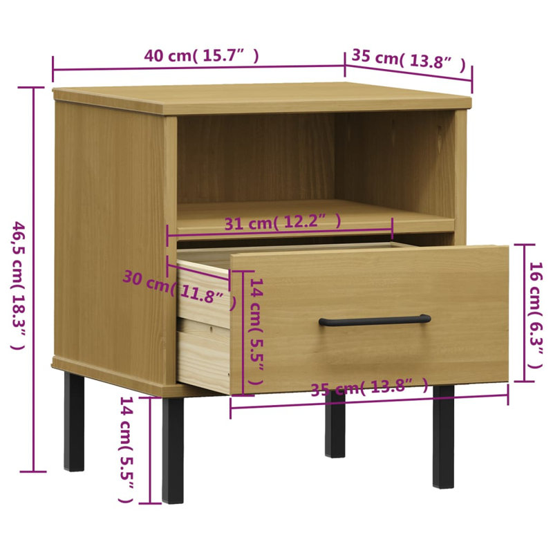 Nightstand Bedside Table with Drawer Bed Table Solid Pine Wood OSLO, Brown