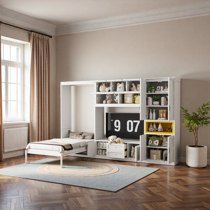 Lit escamotable simple en bois avec meuble télé, 2 tiroirs, tablettes et armoires, Blanc