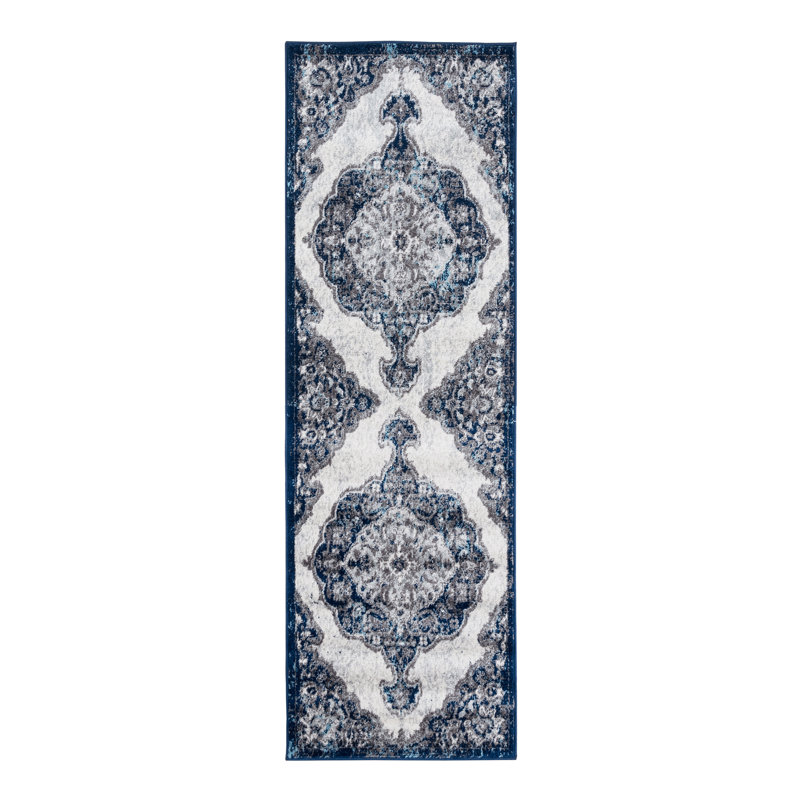 Tapis oriental performance d'intérieur bleu marine Honig, Tapis de couloir 2 pi x 6 pi