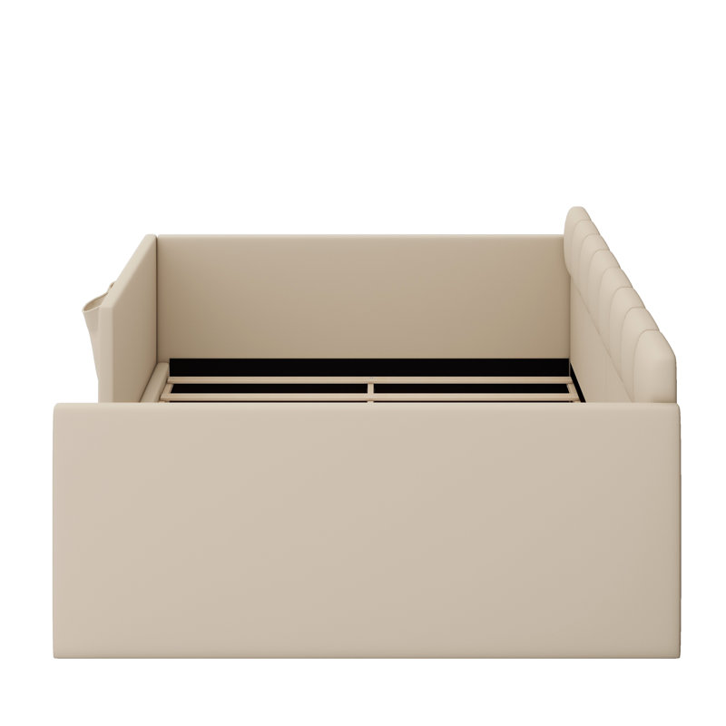 Upholstered Daybed Sofa with High Side Panels, Side Entrance & Built-in Storage Pockets, Beige