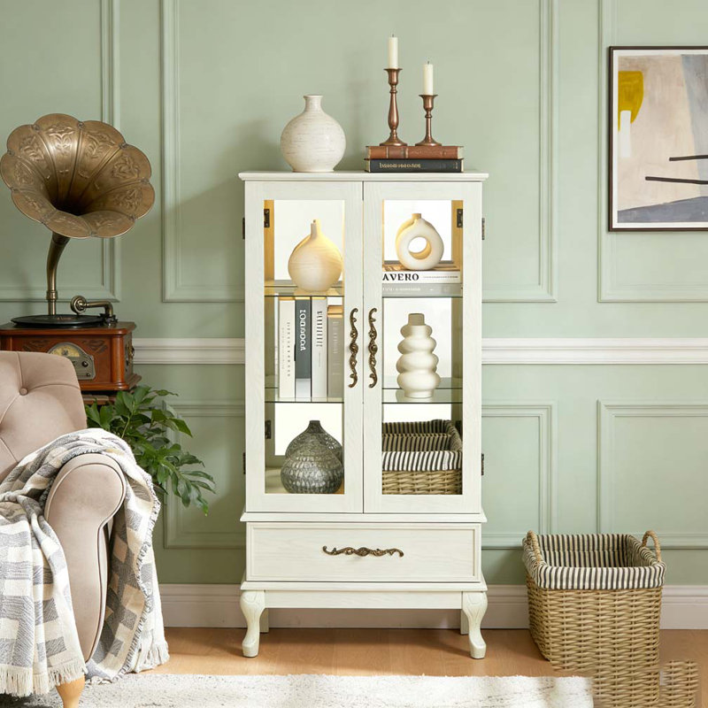 Cabinet with Glass Doors and Adjustable Shelves 2 Door, Antique White