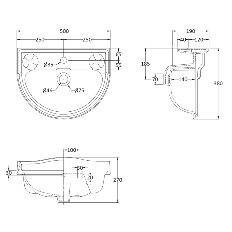 Nuie Porchester White Vitreous China U-Shaped Pedestal Basin Sink with Overflow, 27cm H x 50cm W x 38cm D