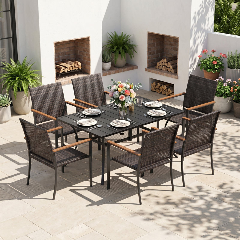 6-Person Rectangular Patio Dining Set With PE Wicker Chairs