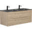 Meuble-lavabo mural double avec comptoir en quartz noir et meuble-lavabo au fini bois naturel