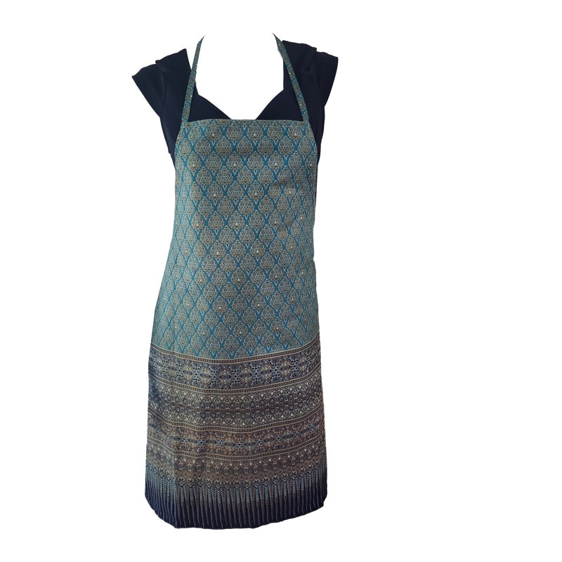 Apron Printed Floral Design Pinafore Style Long Waist Ties. Cotton Fabric Cooking Apron, Teal/Navy