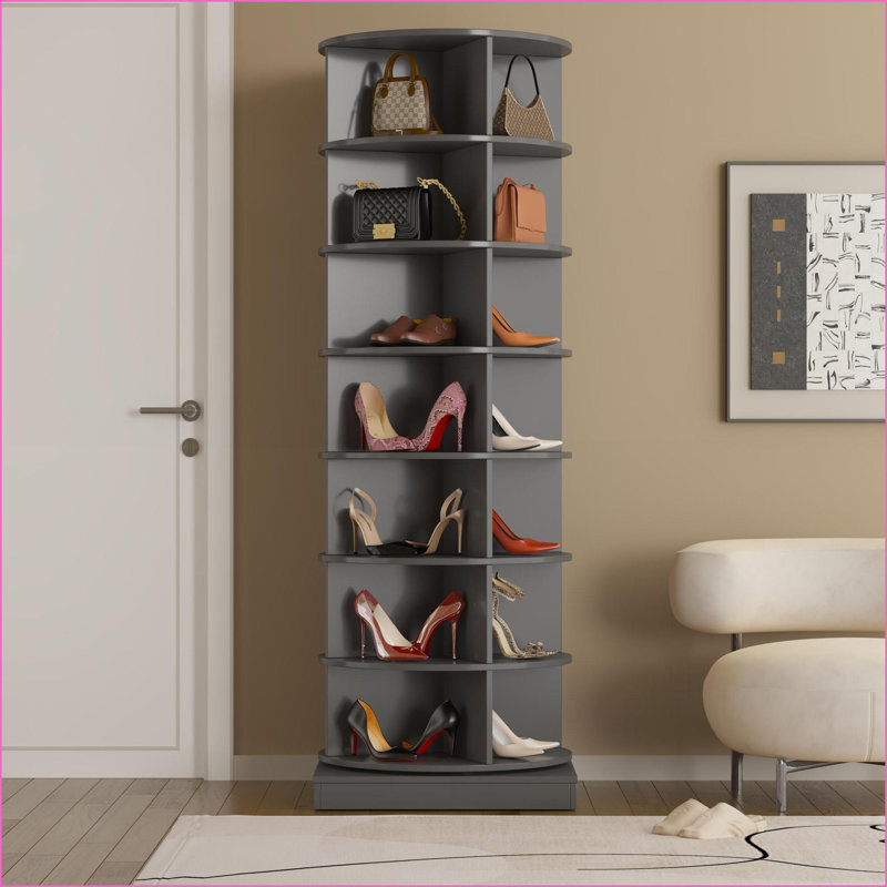 Range-chaussures gris ardoise rotatif à 7 couches pour 28 paires | Panneau de particules et panneau de fibres à densité moyenne | Minimaliste