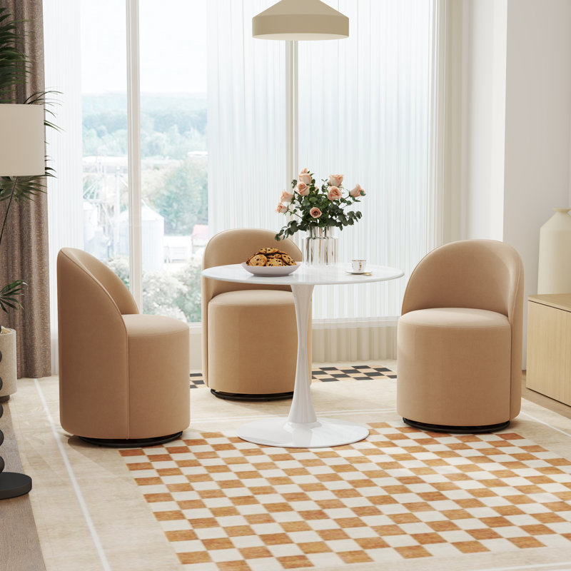 Mid-Century Dining Set With Round Pedestal Dining Table With Metal Base And Swivel Upholstered Barrel Back Dining Chairs For Kitchen/Dining Room