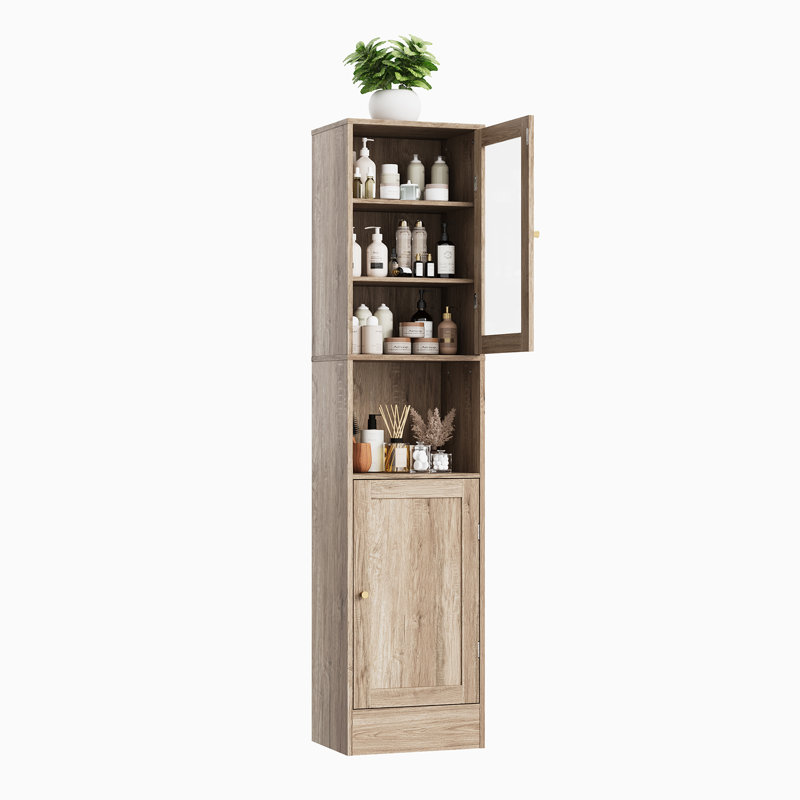  Armoire de rangement de 67 po de hauteur pour salle de bain, armoire autoportante étroite avec portes et tablettes réglables, bois d'ingénierie, grain de bois gris