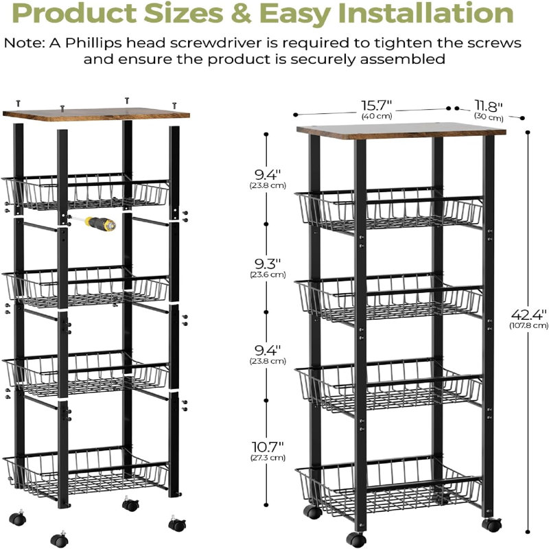 5-Tier Rolling Kitchen Organizer With Slide-Out Baskets And Wood Top For Efficient Pantry Storage