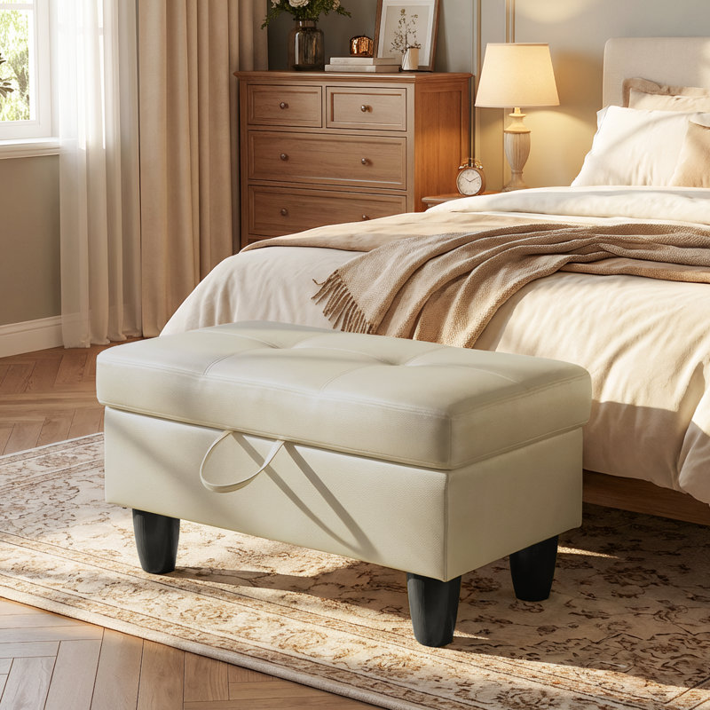 Rectangular Storage Ottoman Bench With Hinged Lid, Faux Leather Footrest For Living Room, Bedroom, Entryway, White, 28.5"X19"X17.5"