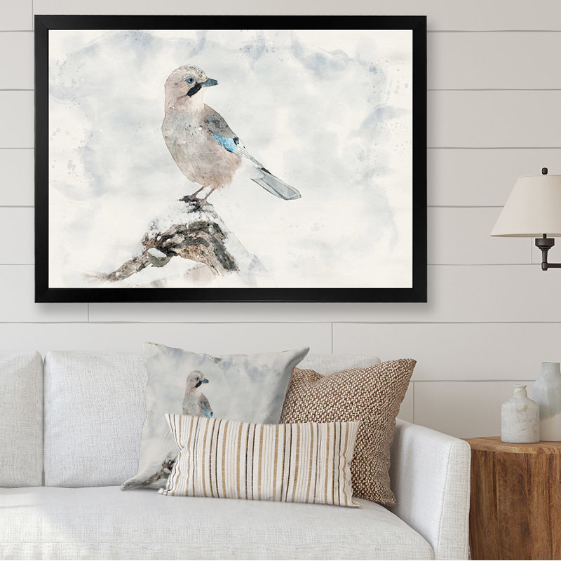 Oiseau geai blanc - œuvre d'art traditionnelle sur toile, Cadre photo noir, H 8 po x l 12 po x P 1 po