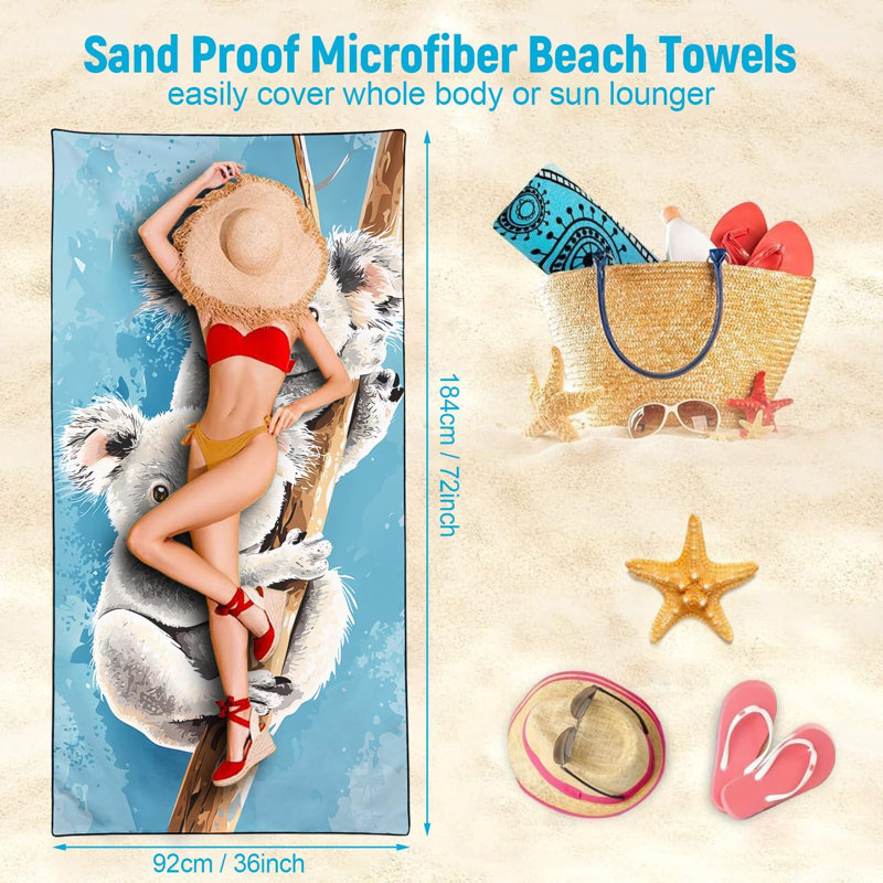 Serviette de plage Koala surdimensionnée 60 po x 80 po, mignonne impression d'arbre qui grimpe aux arbres, serviettes en microfibre fines et légères à séchage rapide sans sable pour le yoga de plage
