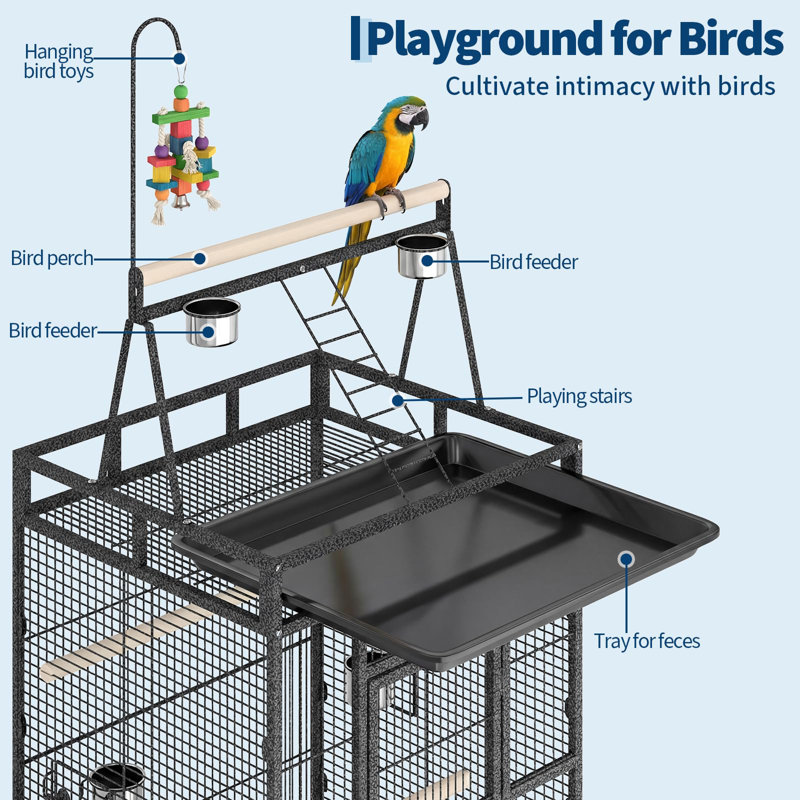 Cage à oiseau de 82 po avec plateau de jeu, cage en perroquet en fer forgé avec perchoir à corde et roues verrouillables pour les oiseaux et les petits oiseaux