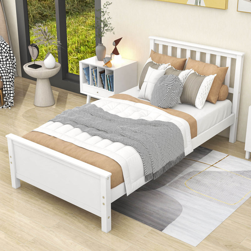 Twin Size Wooden Platform Bed with Headboard and Footboard, White
