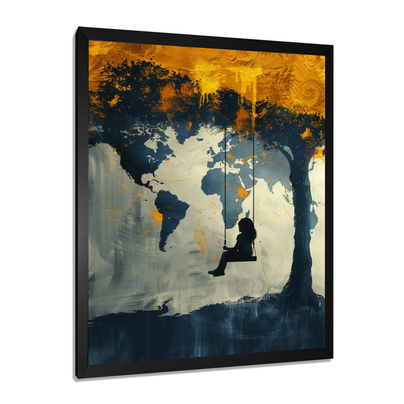 Yellow Black World Map Playground Silhouette II - World Map Wall Decor, 12" H x 20" W, Black Single Picture Framed