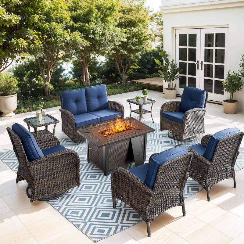 Valierius 7-Piece Patio Set With Glider Loveseat, Swivel Chairs & Fire Pit Table For Backyard, Garden, Blue