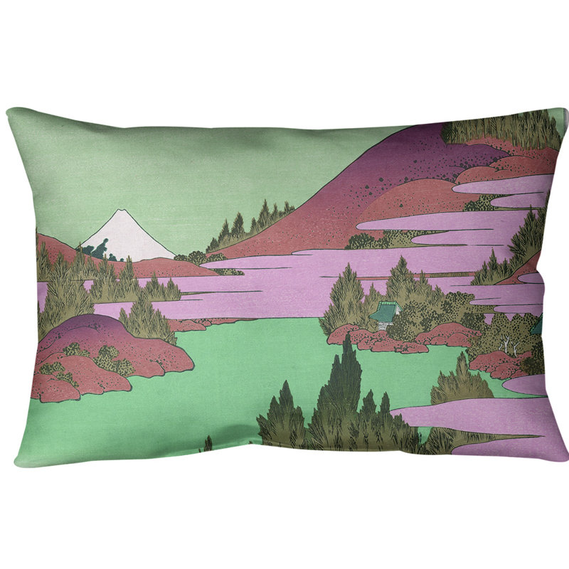 Housse de coussin Katsushika Hokusai The Lake at Hakone dans la province de Sagami, Vert et rose, Faux lin