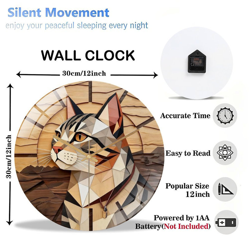 Horloge murale 12 po ronde en verre trempé avec mouvement à quartz silencieux, Chat
