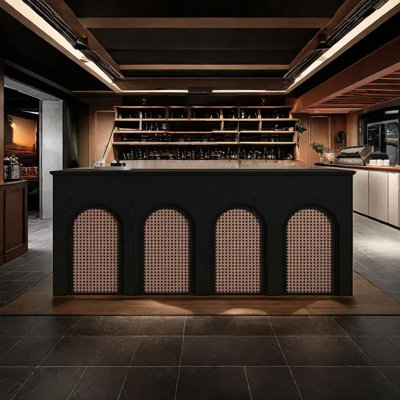 Comptoir de bar rétro avec support à vin et tablettes de rangement, bureau de réception ou table de pub