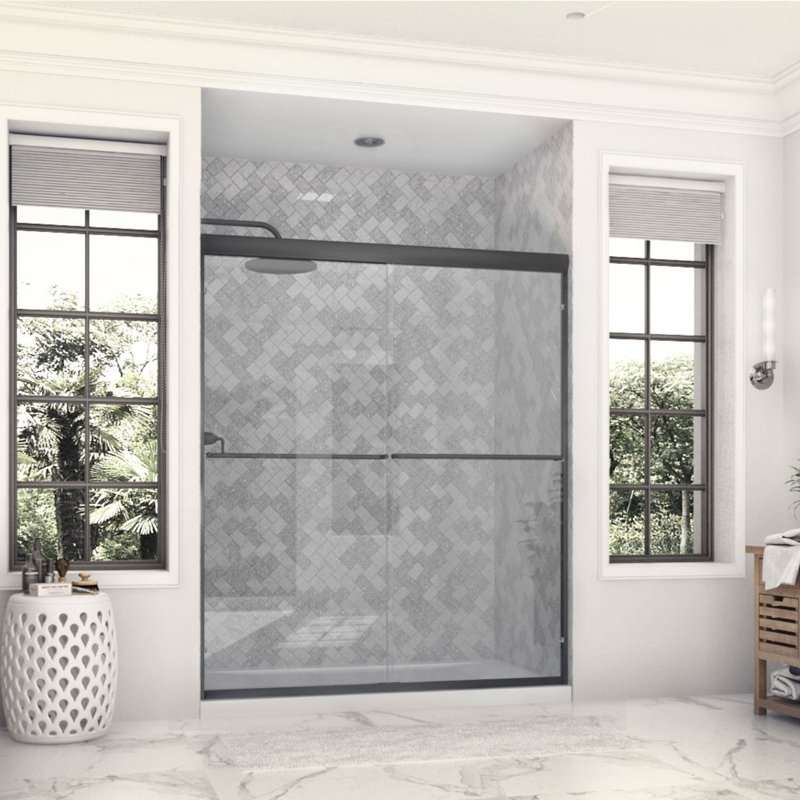Eurolite l 58 po x H 70,5 po Porte de douche coulissante sans cadre en noir mat avec verre transparent épais de 3/8 po (10 mm)