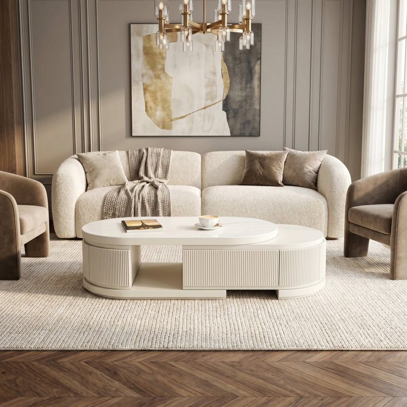  Table basse ovale extensible et cannelée Bilawal en bois massif avec 4 tiroirs, entièrement assemblée