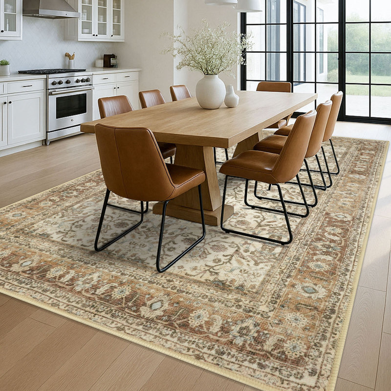 Tapis tribal à motif floral lavable à la machine avec envers antidérapant pour le salon de la chambre à coucher, Beige/brun