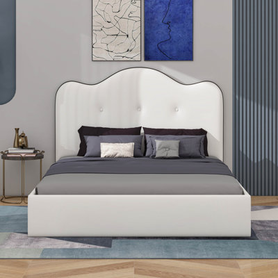Upholstered Elegantround Bed Frame With Waved Headboard