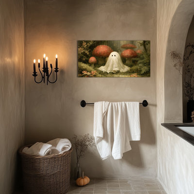 Art mural fantôme sur toile d'Halloween avec scène de forêt champignon rétro, joli décor de fantôme pour la maison, œuvre d'art prête à être suspendue pour le salon, la chambre à coucher, l'entrée, 40 x 20 pouces
