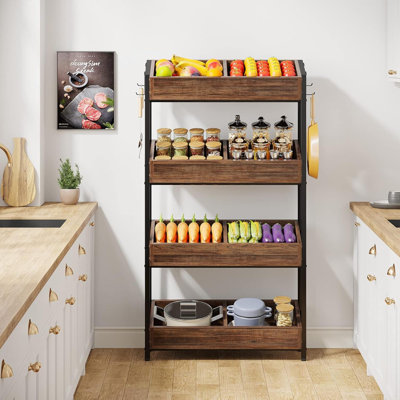 Wood Fruit And Vegetable Basket Stand Rack For Kitchen, Office, Store, Supremarket, Pantry Shelf Unit For Snacks, 4-Tier Wooden Utility Storage Shelves