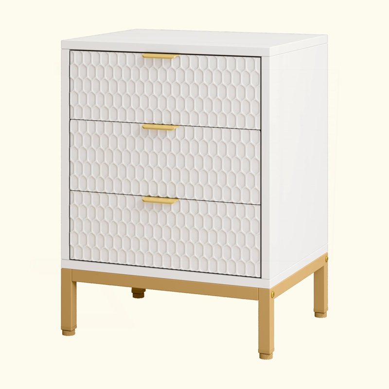 19.7-Inches Modern White And Gold 3-Drawer Nightstand, 25.8" Tall Bedside Table With Storage, Hexagon Pattern Side Table For Bedroom Or Living Room, Elegant End Table With Metal Base