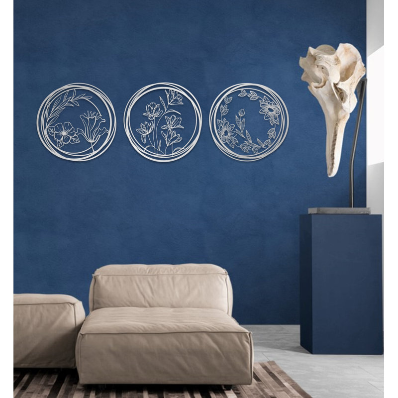 Flowers Metal Wall Art Décor, Floral Wall Set for Housewarming Gift, New Home & Office Decoration, Matte Silver