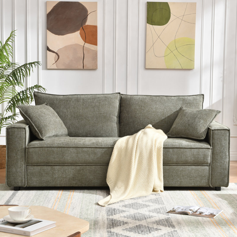 Alcantara 3-Seater 79.5'' Modern Upholstered Sofa with Square Armrests and 2 Throw Pillows, Green
