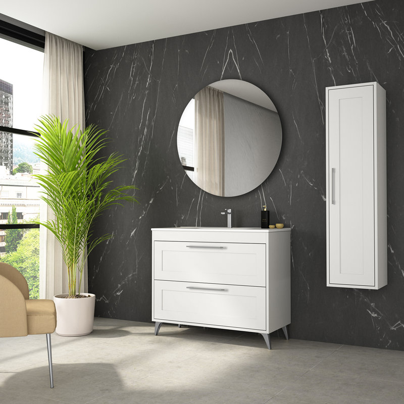 Meuble-lavabo autoportant Rose C100F blanc mat avec poignées en chrome mat, Blanc mat, 40"