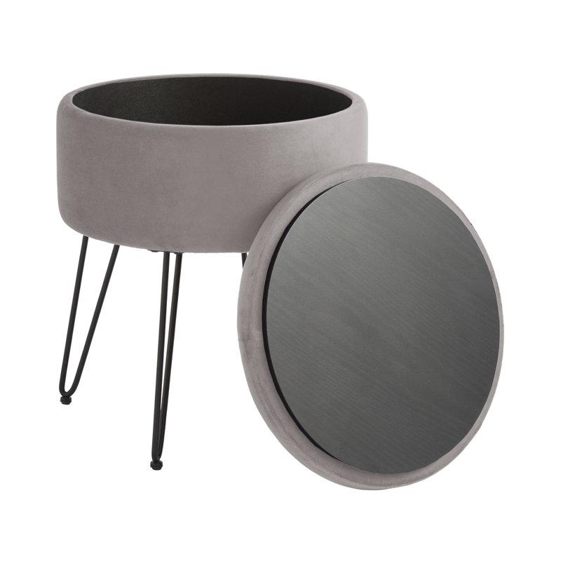 Tamicka 38cm Wide Velvet Round No Pattern Pouffe Ottoman with Storage, Grey