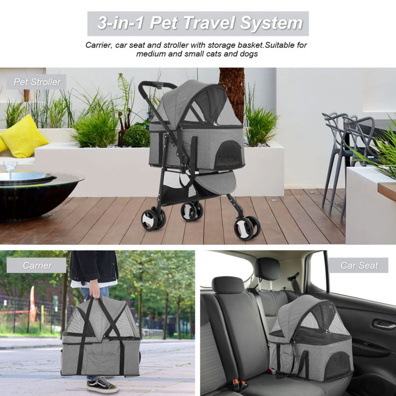 Gray 3-in-1 Multifunction Pet Stroller with Detachable Carrier
