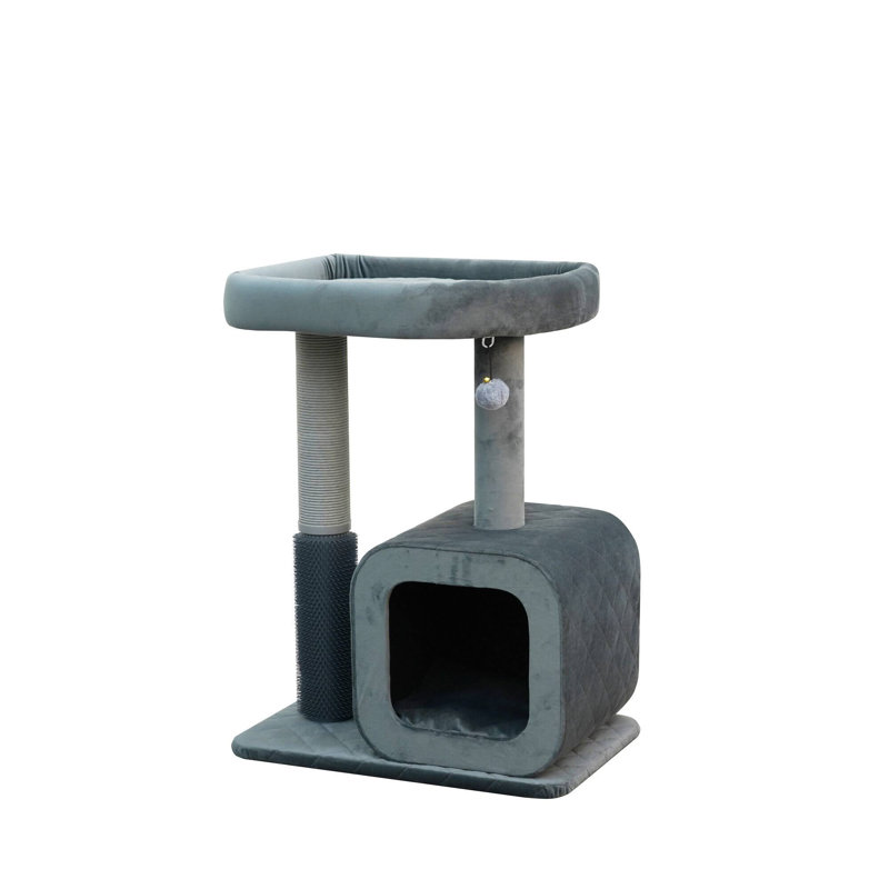 Gray Velvet 2-Level Cat Tree with Condo and Perch