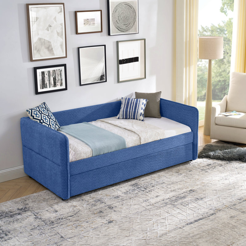 Lit de jour avec canapé-lit tapissier capitonné Popup, taille simple, tissu Boucle, Bleu
