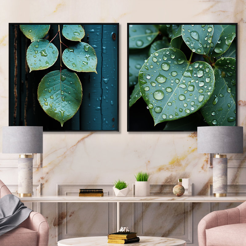 «Aqua Leaves Photo Harmony» - ensemble de 2 feuilles carrées, Cadre flottant noir, H 30 po x l 61 po