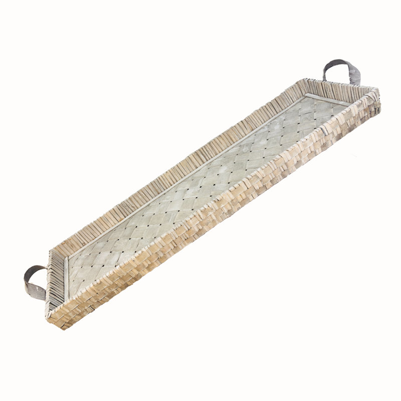 38" x 11.8" Extra Large Handwoven Wicker & Wood Tray with Handles – Oversized Long Decorative Tray for TV Console, Dining Table, Centerpiece – Farmhouse, Boho, Rustic Style