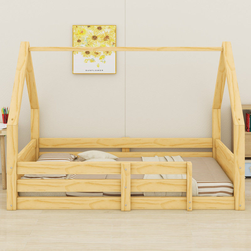 Lit cabane avec cadre de toit et système de fixation sécurisé pour chambres d'enfants, Lit simple, Naturel