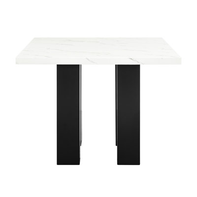 Table de salle à manger à hauteur de comptoir tendance, plateau en faux marbre, pieds en bois noirs, table carrée élégante à hauteur de comptoir avec plateau et base, espace fonctionnel