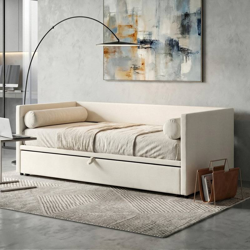 Upholstered Extendable Daybed With Pop-Up Trundle, 2-In-1 Sofa Bed Converts To Double, Beige Velvet