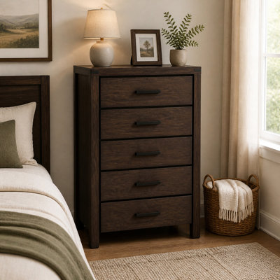 Commode à 5 tiroirs en pin foncé foncé, armoire de rangement de chambre à coucher nordique moderne, rangement compact