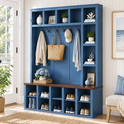Estate Horizon 59" 4-in-1 Hall Tree with  Shoe Bench, 13 Open Compartments, Adjustable Shelving, and Anti-Tip Hardware